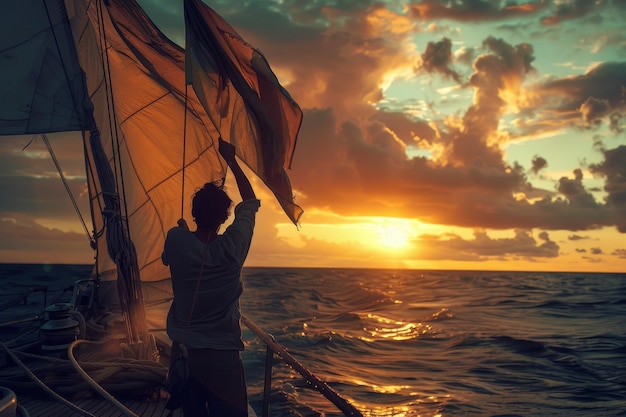 A group of sailors working together to hoist colorful sails on a sailboat preparing for an adventurous voyage