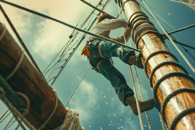 A group of sailors working together to hoist colorful sails on a sailboat preparing for an adventurous voyage