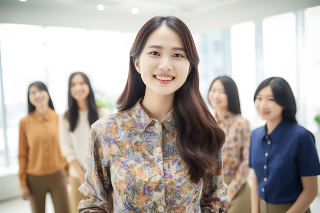 A group of sales team employee wearing batik smile office background