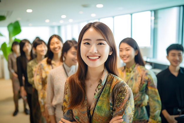 A group of sales team employee wearing batik smile office background