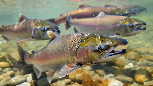 Photo a group of salmon swimming in shallow water