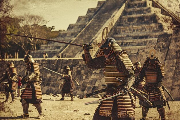 Foto un gruppo di samurai davanti a una piramide