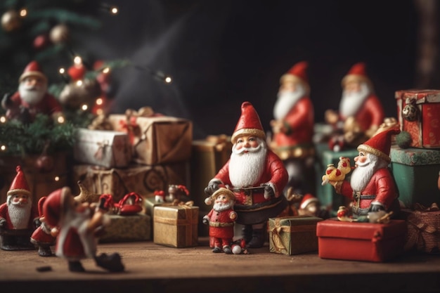 A group of santa figurines are on a table with presents and a christmas tree in the background.