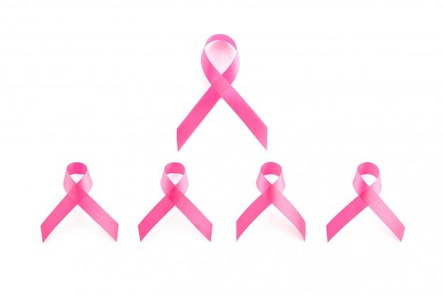 Group of satin pink ribbon symbols, breast cancer awareness campaign