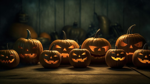 A group of scary pumpkins standing together in the style of simplistic Generative AI