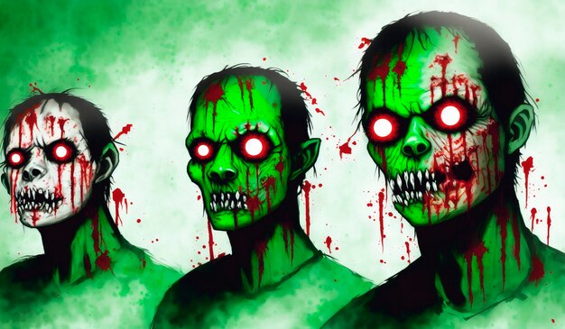 Foto un gruppo di zombie spaventosi con il sangue sulla faccia in piedi in una stanza buia.
