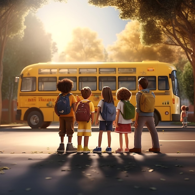 学校の子供たちのグループがバス停に立って黄色いスクールバスを待っています