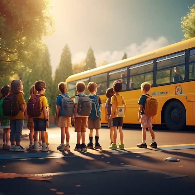 A group of school children are standing at a bus stop waiting for the yellow school bus