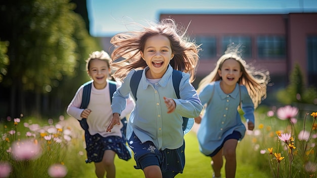 Photo a group of school children running down an empty hallway in the style of playful and fun imagery