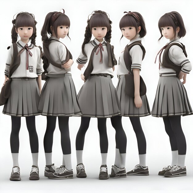 Photo group of school girls in uniform on white background 3d rendering