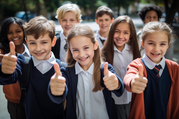 Group of school kids showing thumbs up for going back to school