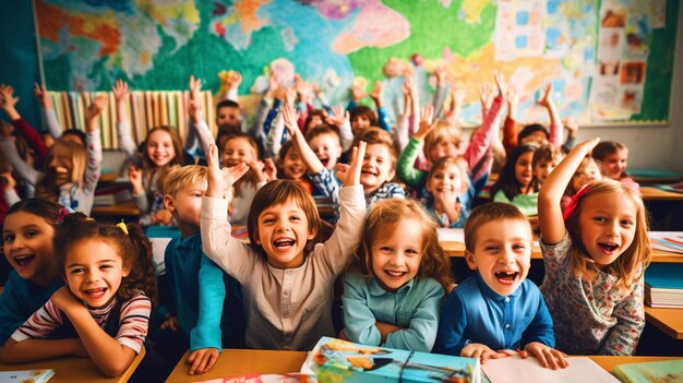 Foto gruppo di scolari seduti in classe che alzano le mani