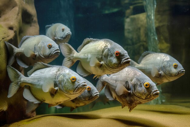 group of school of predatory tropical piranha fish Freshwater exotic fauna of Amazon AI generated