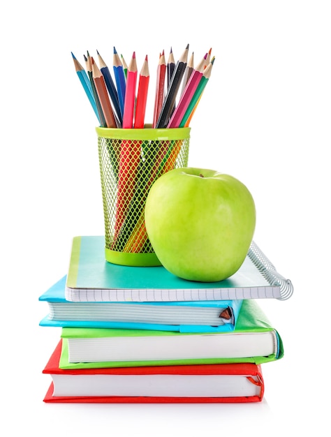 Group of school supplies isolated on white