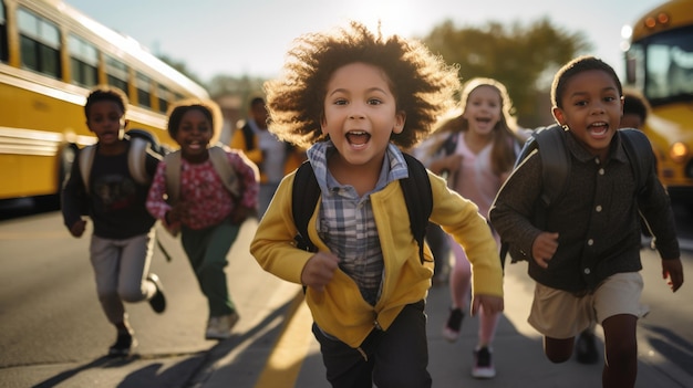 A group of schoolchildren running in the background of a school bus Created with Generative AI technology