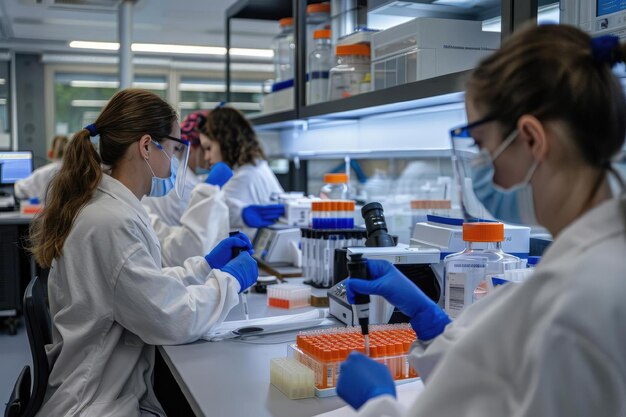 A group of scientists are working in a lab wearing white lab coats and gloves