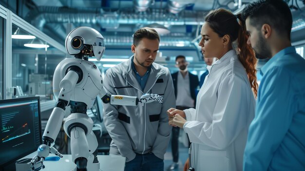 Group of scientists in modern laboratory working on a new ai robot They are discussing something and looking at the robot