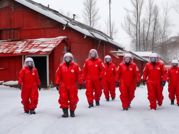 A group of scientists in red chemical protection