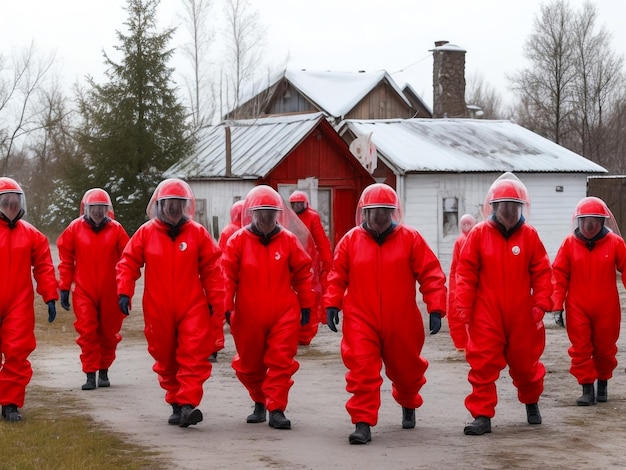 A group of scientists in red chemical protection