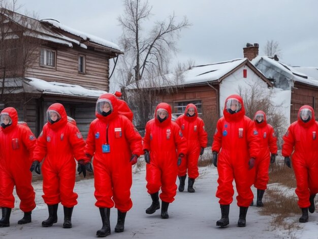 A group of scientists in red chemical protection