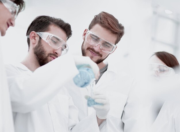 Group of scientists working with chemicals