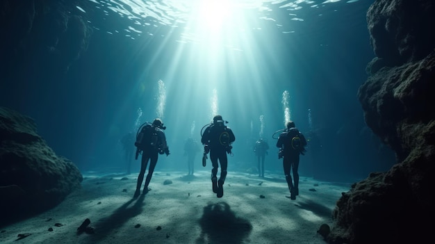 A group of scuba divers are walking in the water.