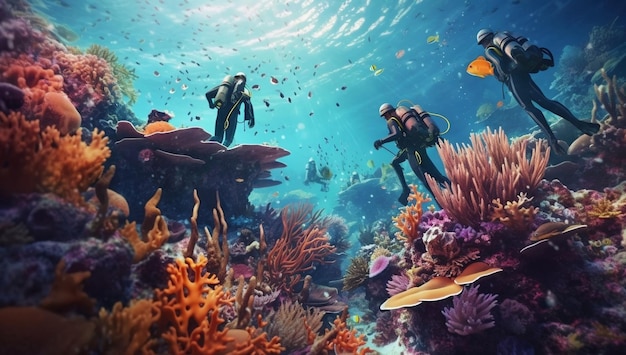 サンゴ礁を探索するスキューバ ダイバーのグループ水中スポーツと熱帯休暇のバリエーション 1