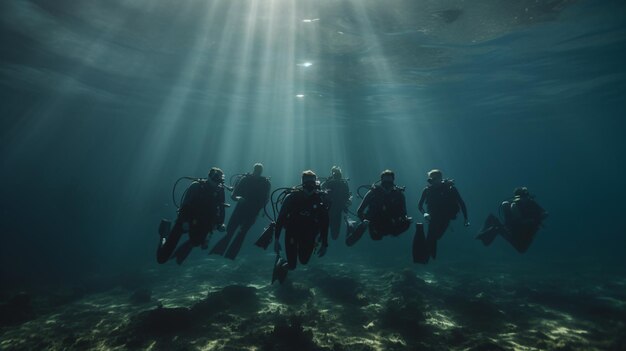 Foto un gruppo di subacquei che nuotano nell'oceano