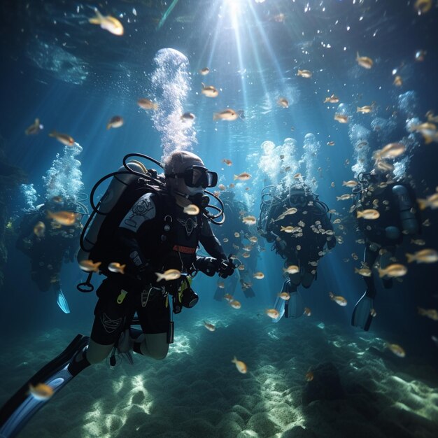 Group scuba divers underwater realistic photography AI generated picture