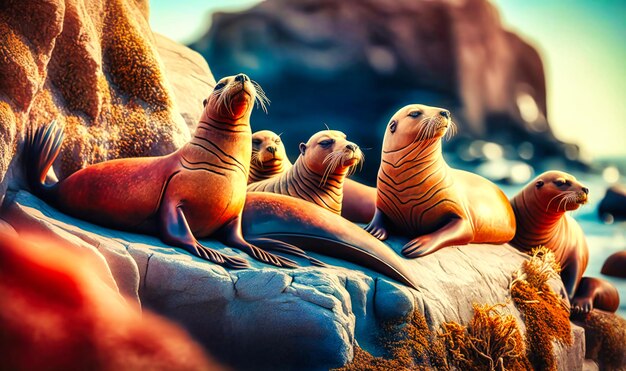 A group of sea lions sunbathing on a rocky shore