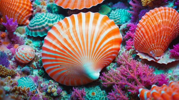 Group of Sea Shells on Coral