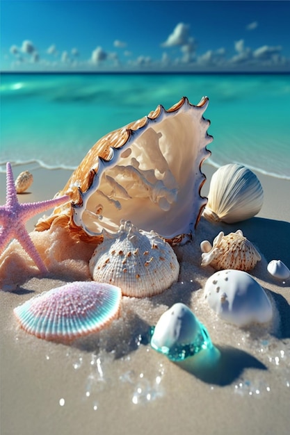 Group of sea shells sitting on top of a sandy beach generative ai