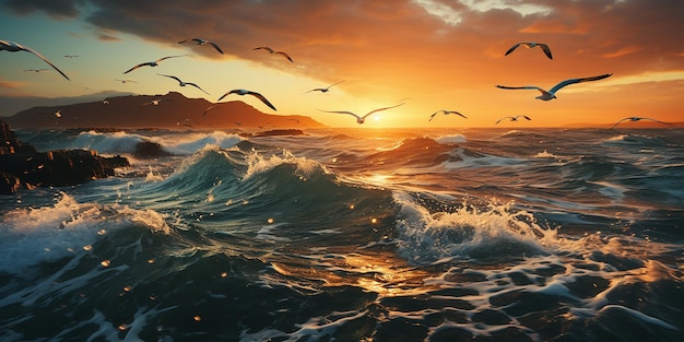 Photo group of seagulls flying in the air