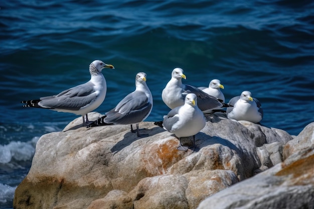 A group of seagulls sitting on a rocky shorelin