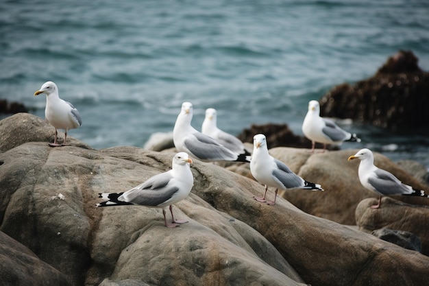 A group of seagulls sitting on a rocky shorelin