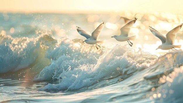 A group of seagulls soaring gracefully over the ocean waves their wings outstretched as they glide effortlessly on the sea breeze