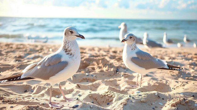 A group of seagulls standing on a sandy beach