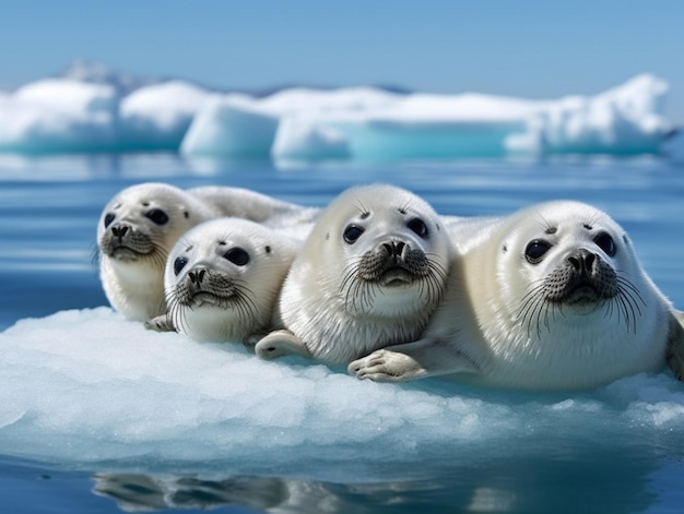 A group of seals on an iceberg