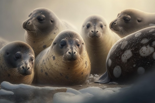 A group of seals sunbathing on a beach