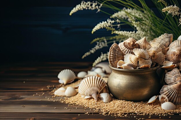 A group of seashells sand and rope on a wooden background