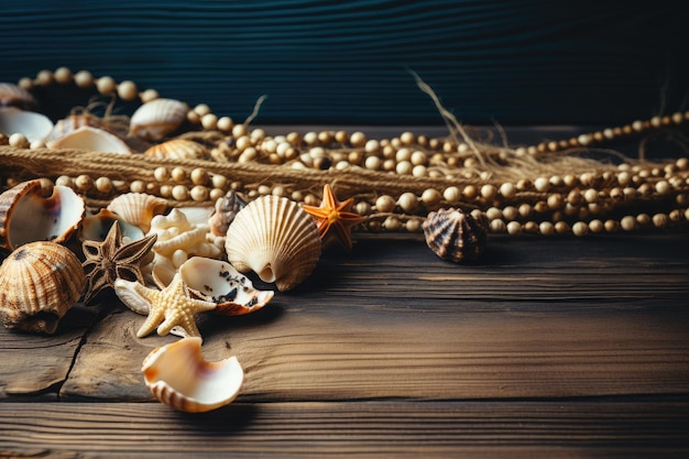 A group of seashells sand and rope on a wooden background