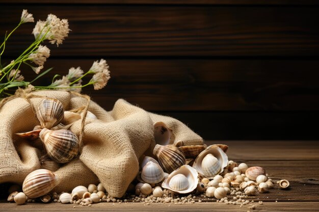 A group of seashells sand and rope on a wooden background