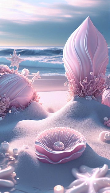 Group of seashells sitting on top of a sandy beach generative ai