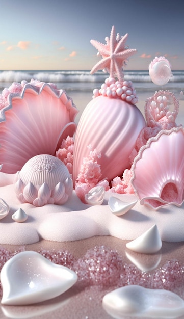 Group of seashells sitting on top of a sandy beach generative ai