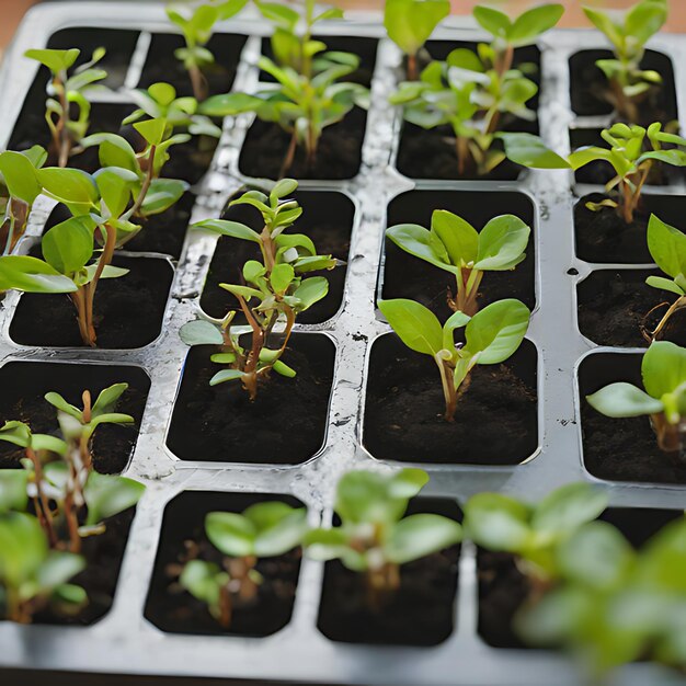 a group of seedlings that are on a metal tray