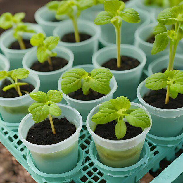 a group of seedlings of tomato plants are lined up on a shelf