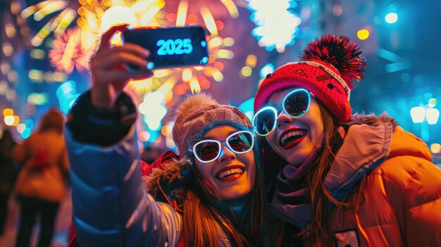 Group selfie with New Years fireworks in 2025 eyewear 2025 countdown