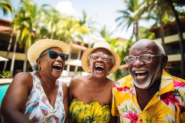 Group of senior citizens laughing happily by the poolside