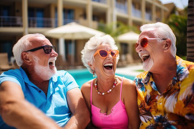 Group of senior citizens laughing happily by the poolside