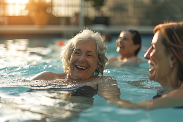 Group of senior female friends swimming in a resort pool during summer vacations